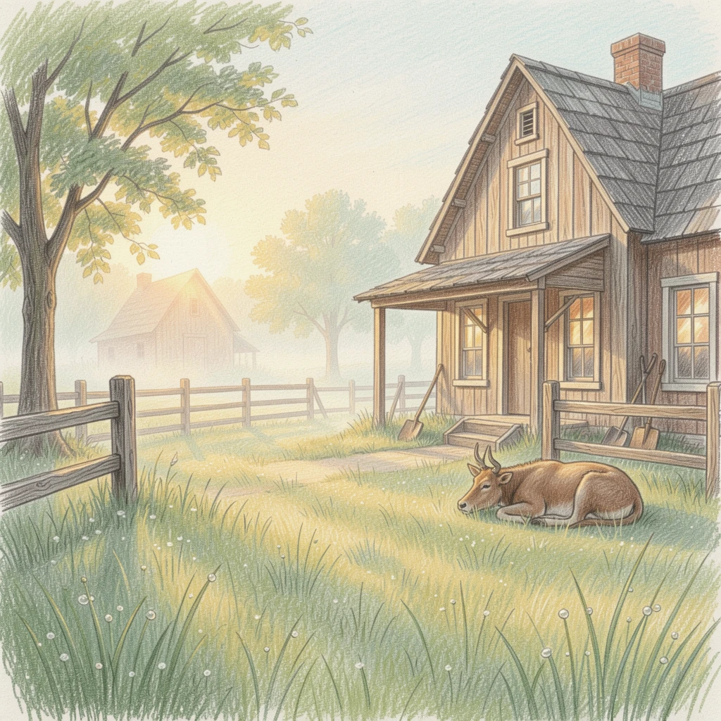 A pastoral farmstead at dawn with mist rising off dew-covered grass, with soft, natural light bringing warmth to every detail, designed to feel inviting, memorable, and shareable.