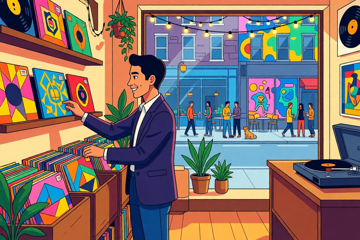 A stylish record store owner organizing colorful album covers, set within a vibrant, trendy urban neighborhood, framed with a cozy, inviting close perspective, with a sense of community and connection in every detail.