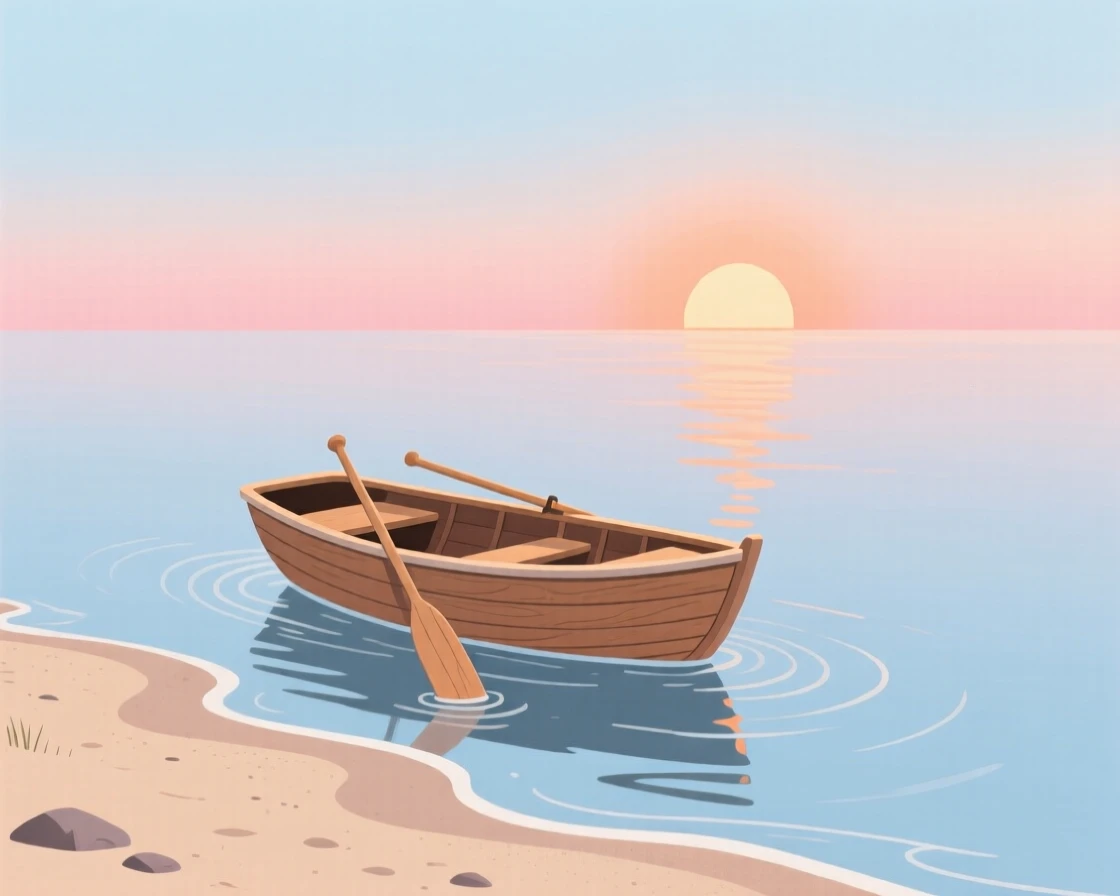A small boat setting out from shore as the morning sun rises.