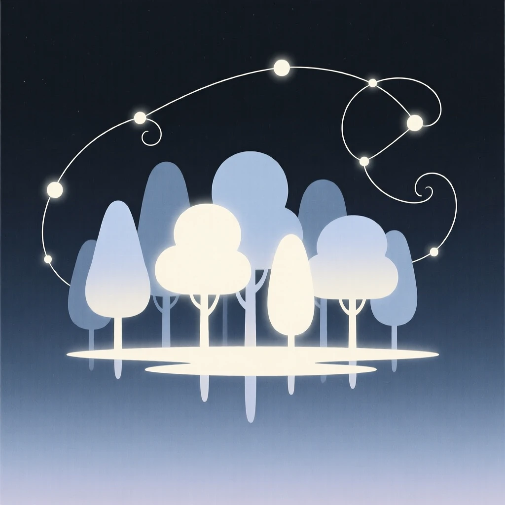 A forest where the trees glow softly at night floating above a quiet dreamscape at twilight, surrounded by swirling constellations, radiating gentle magic.