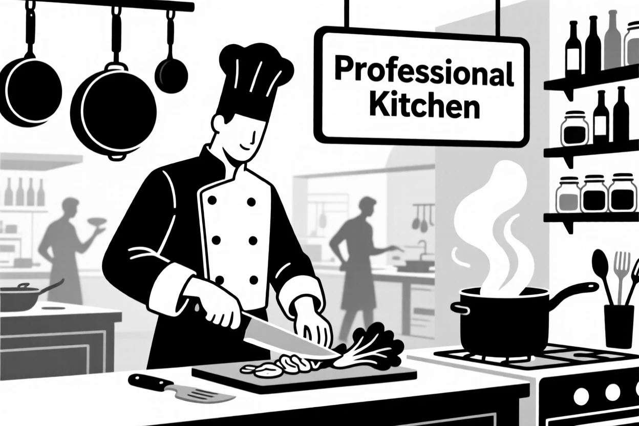 A chef preparing a meal in a bustling kitchen.