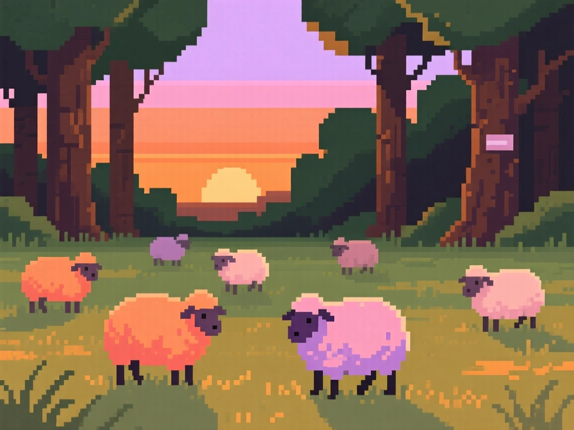 A meadow dotted with grazing sheep reflecting the colors of a setting sun, at the edge of an ancient, quiet forest.