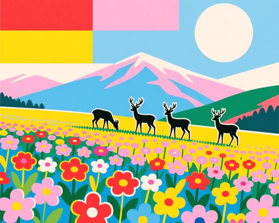 Mountain wildflower field with grazing deer in the distance