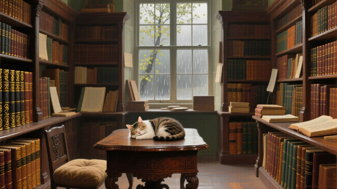 A balanced composition of an antique bookshop crammed with leather-bound volumes and a sleeping cat, during a gentle spring shower, in the 18th century.