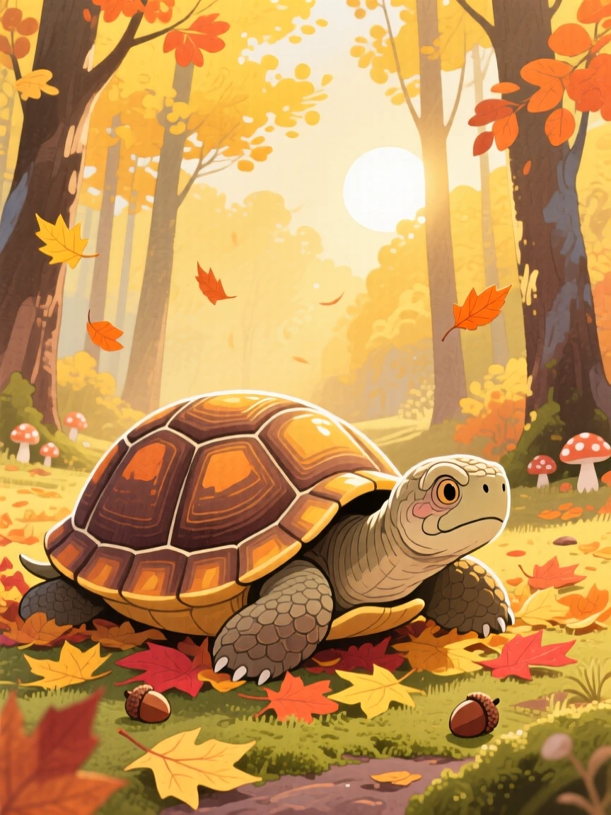 A wise old tortoise resting peacefully in a golden autumn woodland at sunrise.