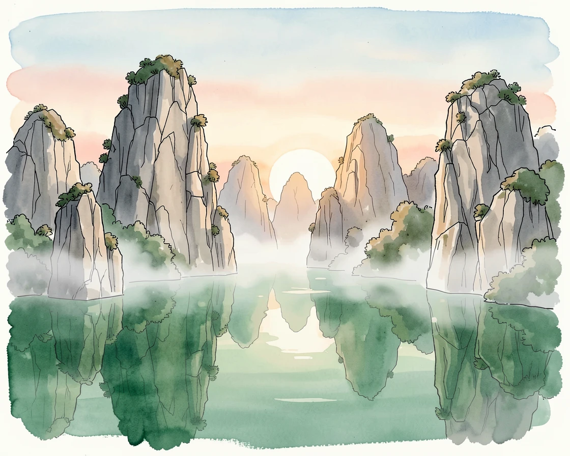 A limestone karst landscape rising from still emerald water, a soft mist clinging to the low ground as the sun begins to rise.