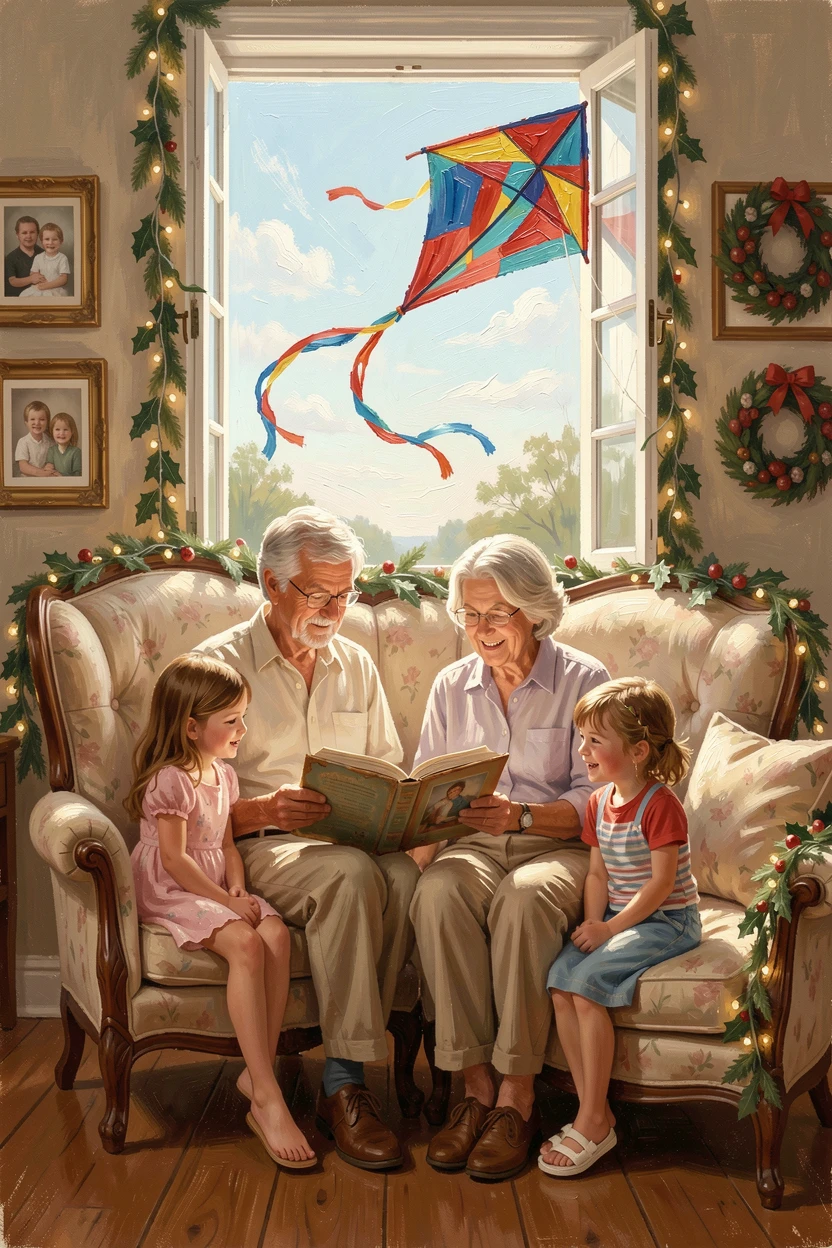 On a warm summer afternoon, grandparents reading a story to their grandchildren, in a cozy living room decorated for the holidays, a kite dancing and dipping in the breeze above.