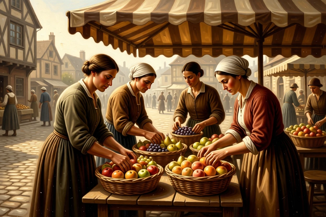 Market vendors arranging baskets of fruit beneath a striped awning as warmth and community shine through humble work, set within a bustling market square filled with color and life, with soft morning light catching dust and flour in the air; background activity adds gentle life without distracting from the center, capturing the timeless rhythm of rural and village life.