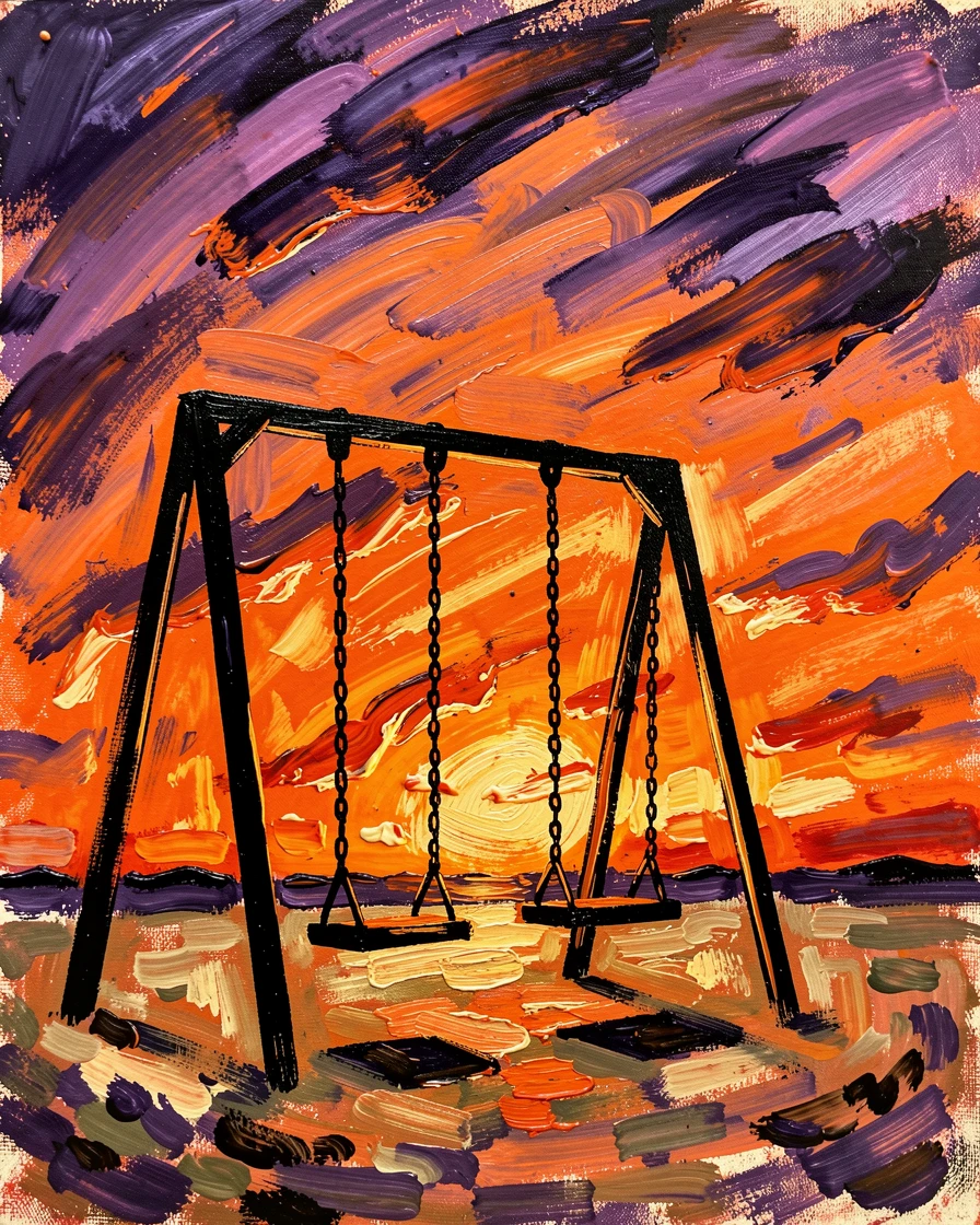 A solitary swing set silhouetted against a brilliant orange and purple sunset.