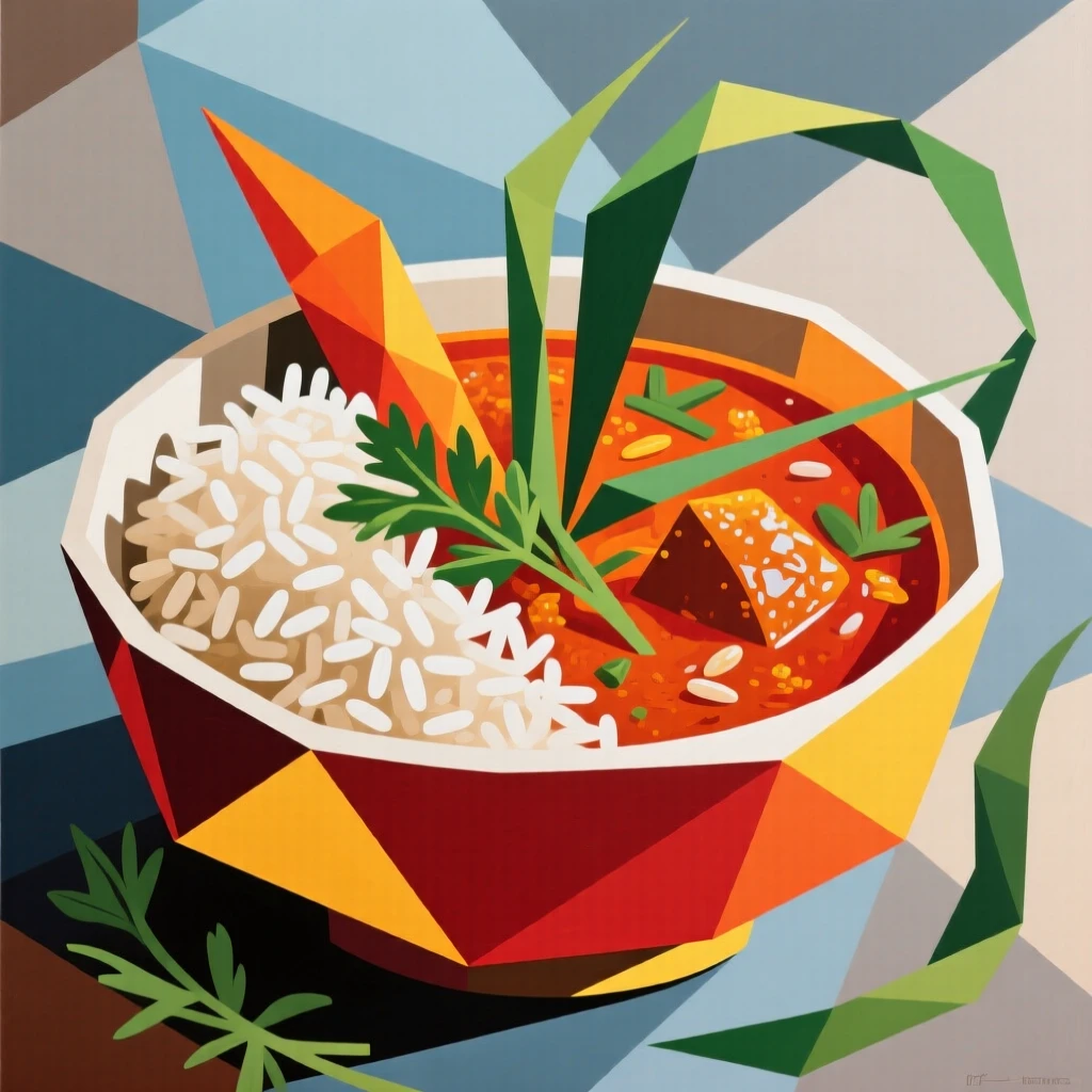 A bowl of vibrant curry served with fluffy basmati rice and fresh herbs.