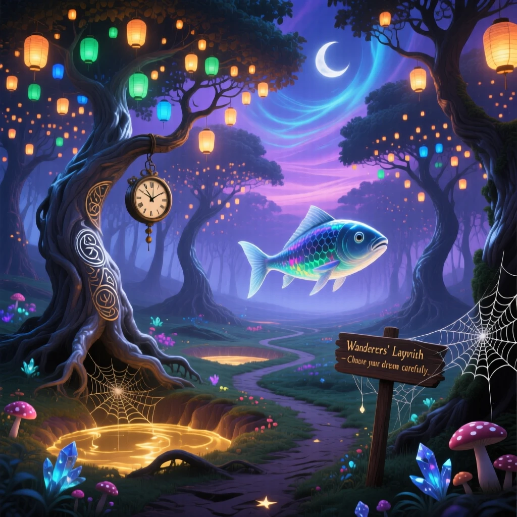 A forest of trees whose leaves are tiny glowing lanterns unfolds new paths each time it is entered, as soft light pools in every hollow and crevice.