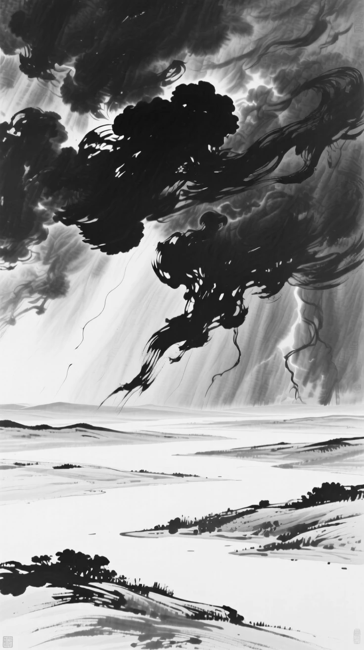 Storm clouds gather ominously over a wide open valley, beneath a sky transformed by the changing light.