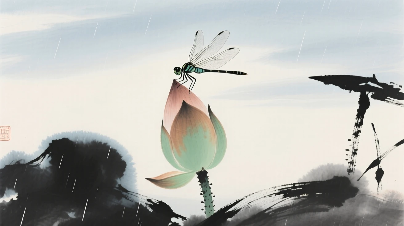 A dragonfly resting on the tip of a lotus bud, radiating gentle serenity, beneath a sky washed clean by rain.