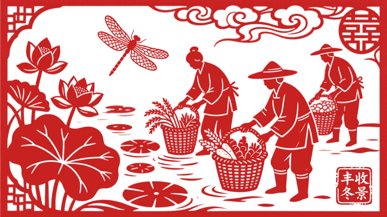 A Winter scene of a lotus pond alive with dragonflies, farmers gathering the season's bounty.