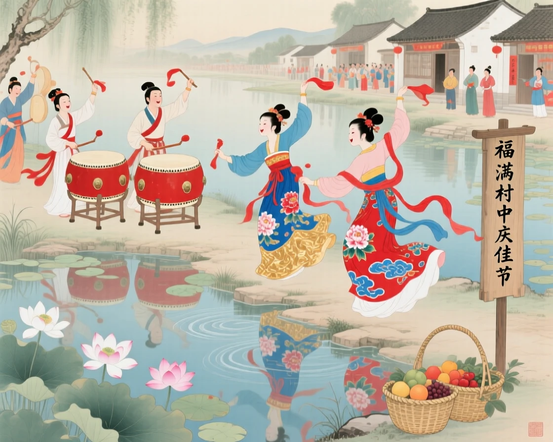 A village celebration with drummers and dancers in colorful silk, reflected in the still water of a nearby pond