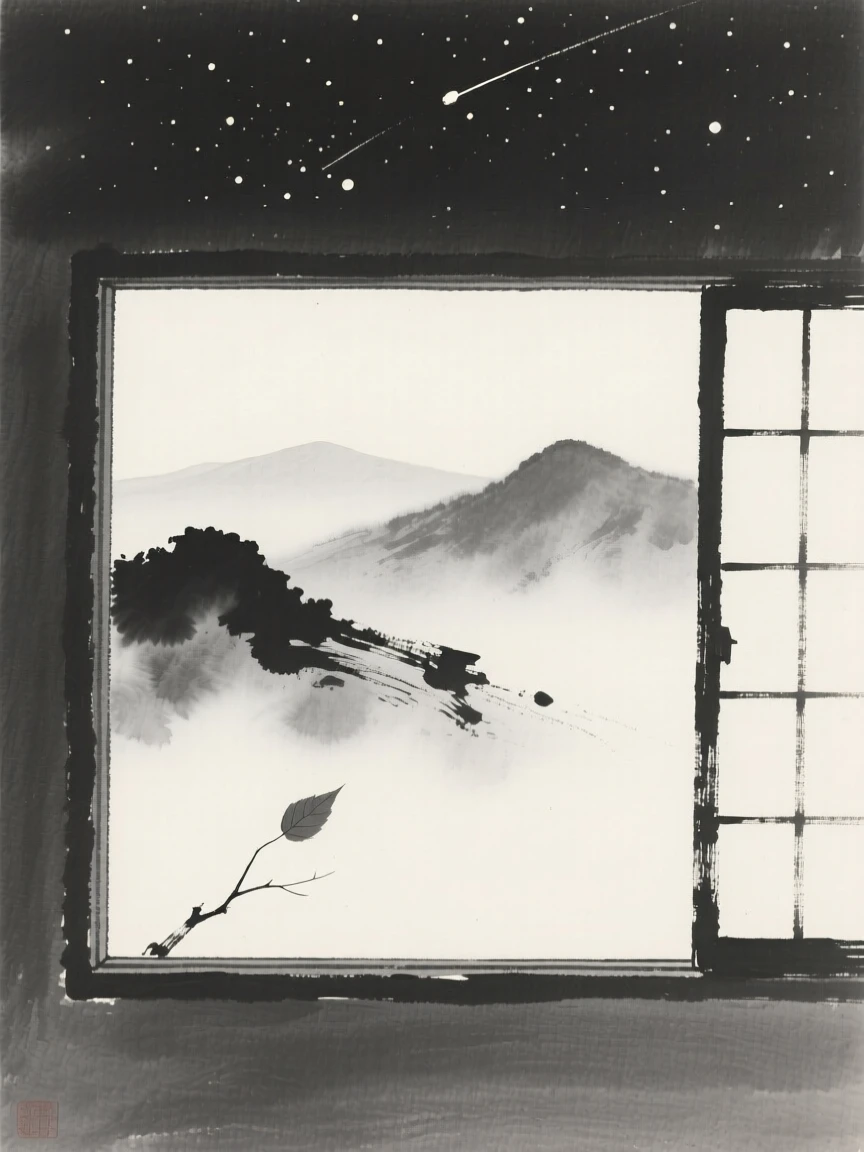 A solitary window open to a misty mountain view beneath a canopy of quiet stars, balanced with a single small detail against a quiet backdrop, carrying a hushed, contemplative silence.