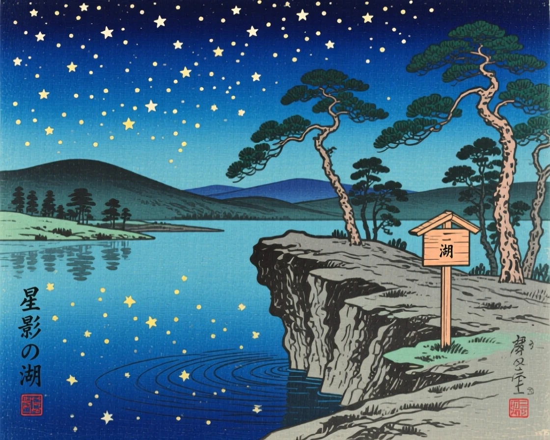 A star-filled sky reflected perfectly in a calm lake, atop an exposed rocky ridge.