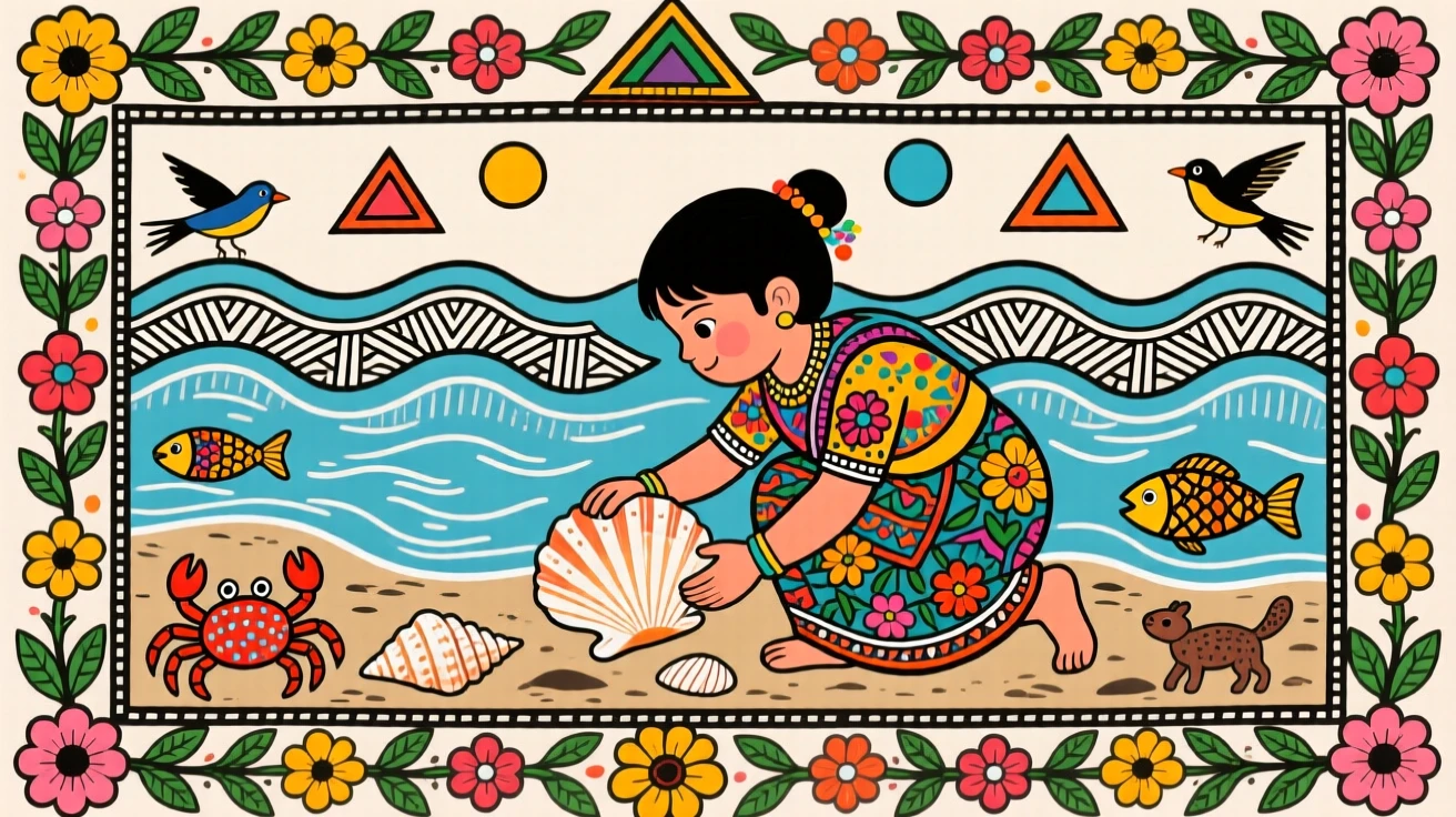 A child discovering seashells along a quiet tidal shoreline.