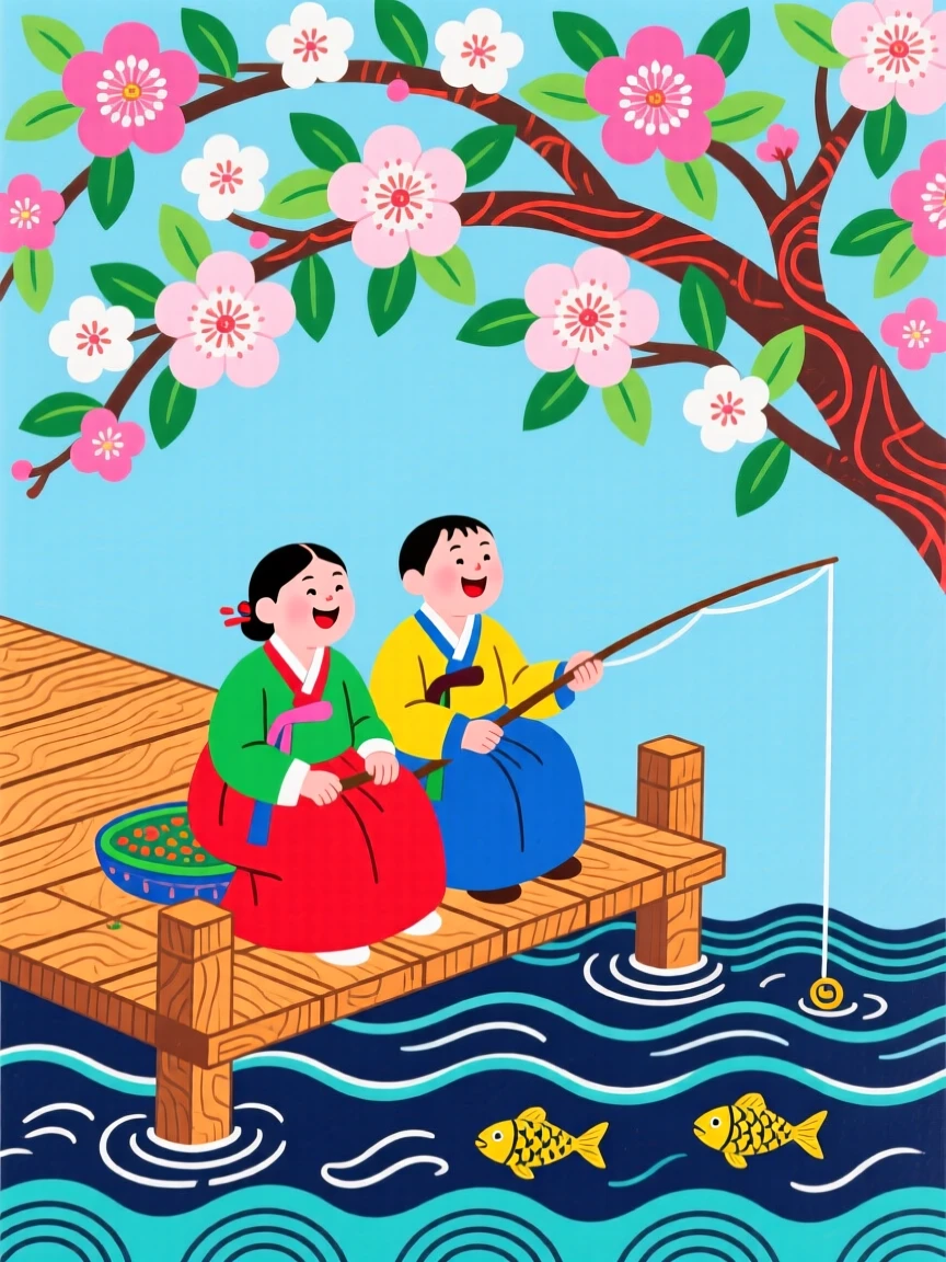 Two friends fishing together from a small wooden dock beneath a canopy of blossoming trees.