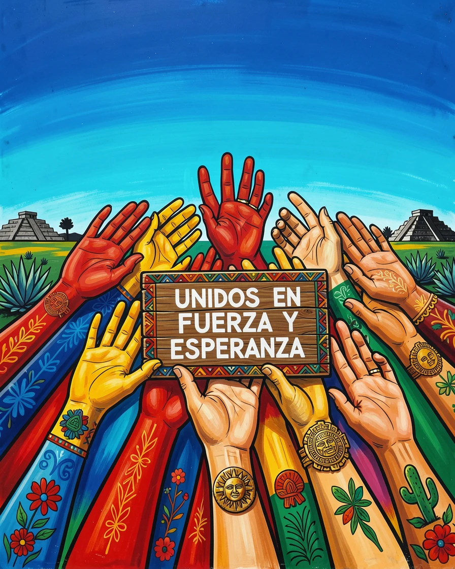 A group of hands raised together beneath a clear open sky