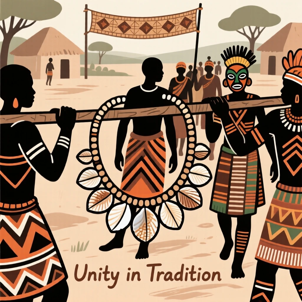 A cowrie-shell necklace carried in a ceremonial procession through the village.