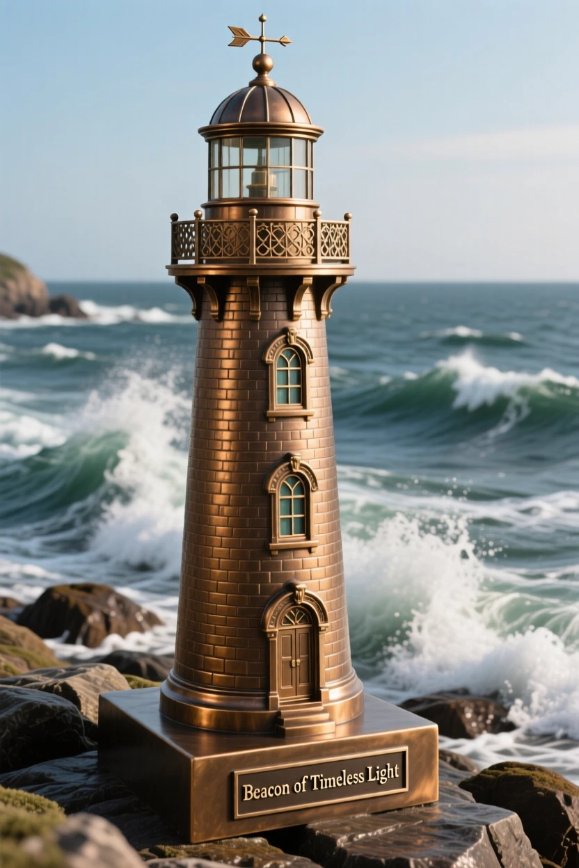A majestic lighthouse standing against crashing waves, with intricate architectural detail throughout, exuding timeless grandeur