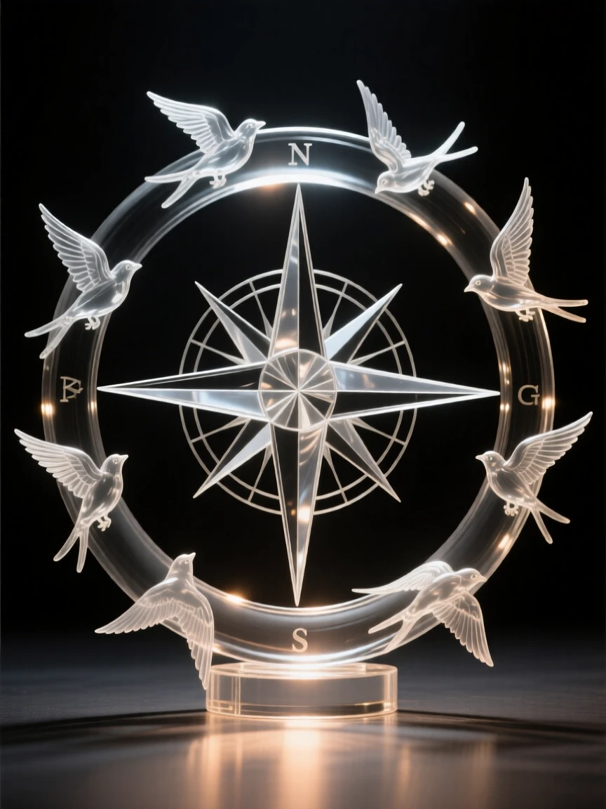 A compass rose surrounded by a ring of migrating birds with a warm glow surrounding the entire scene, while a quiet stillness surrounds the entire scene