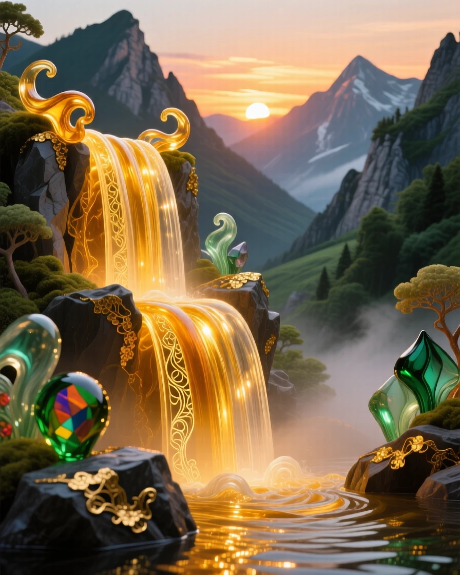 A grand waterfall glowing the richest gold beneath the setting sun in the most hidden mountain valley, majestic and warm.