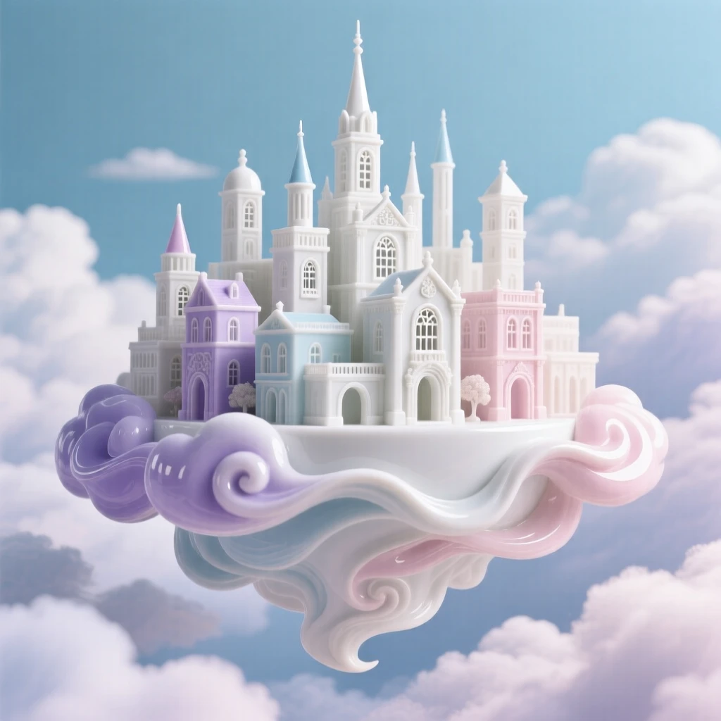 A dreamlike scene of a city floating among the clouds, evoking a gentle sense of magic and possibility.