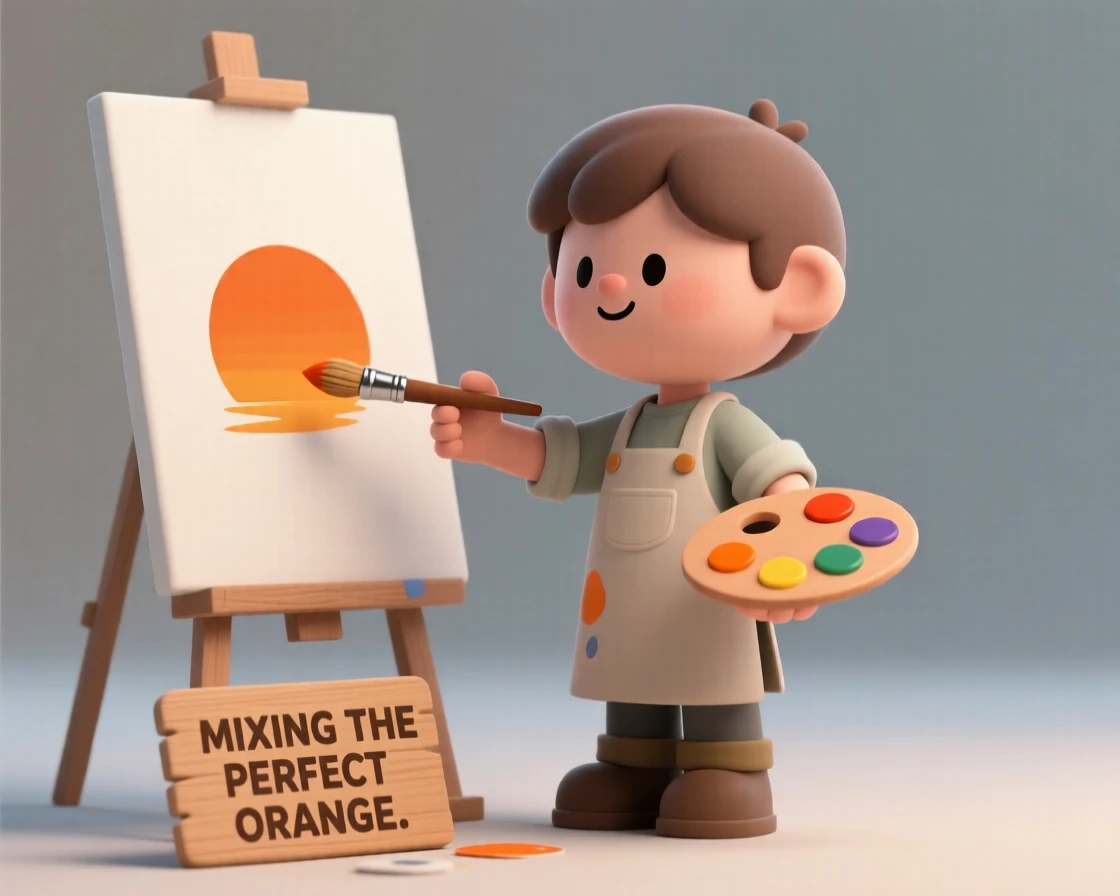 A determined young painter mixes the perfect shade of orange for a sunset scene on a large canvas.