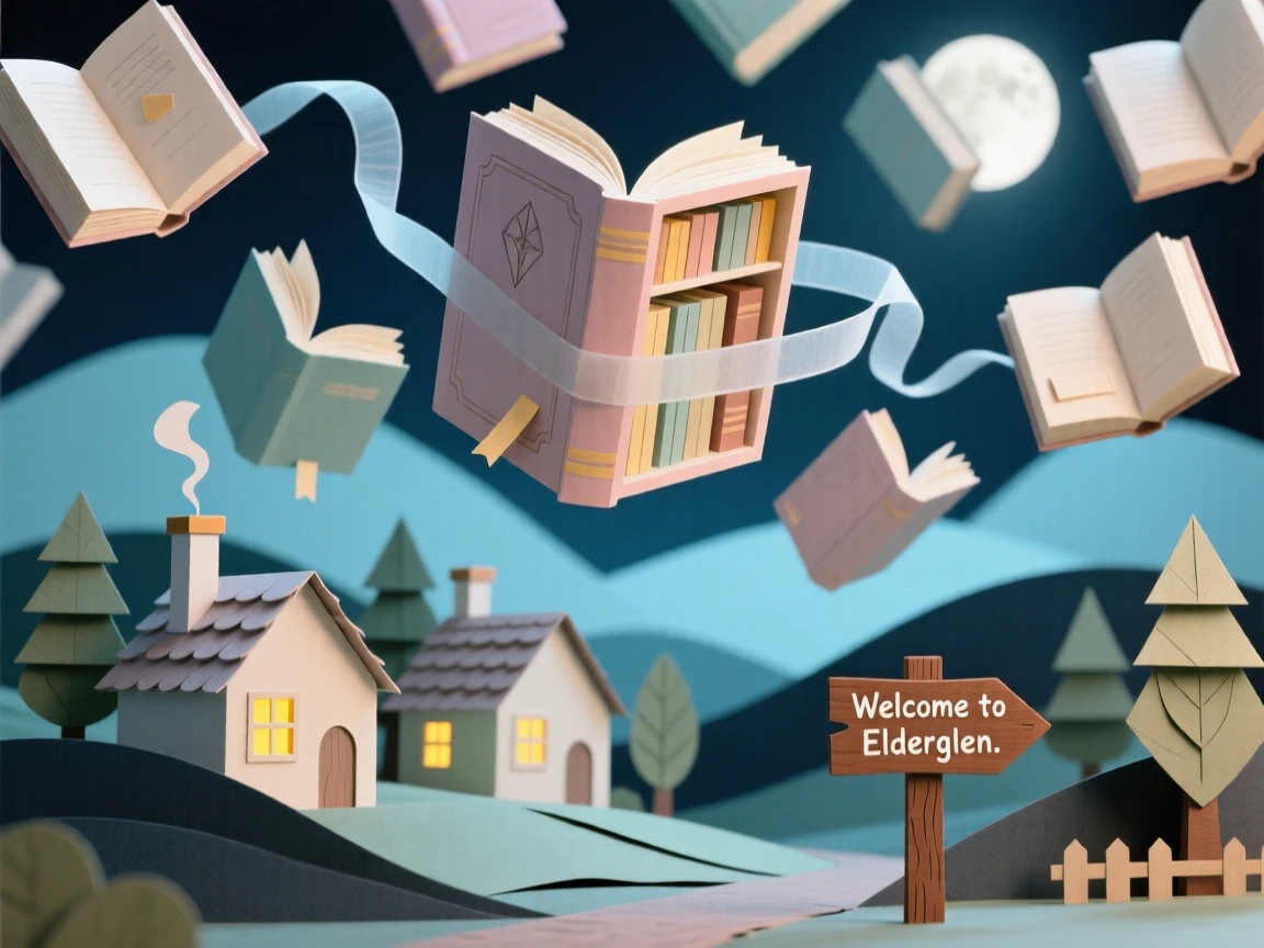A floating library of drifting books drifting silently over a sleeping village, with gentle motion suggesting quiet magic, conveying gentle magic and curiosity.