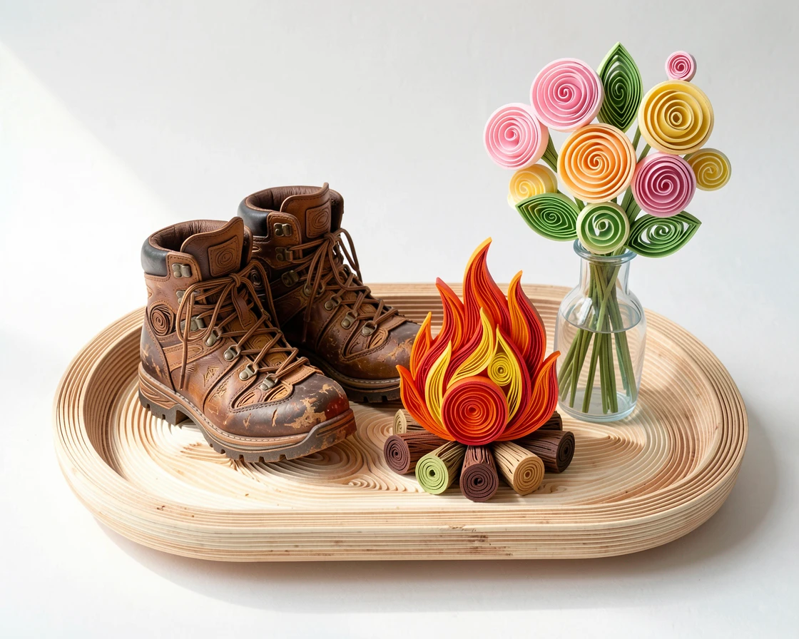 a pair of well-worn hiking boots beside a campfire, on a wooden tray beside a vase of fresh flowers, composed with soft natural light from one side, in bright, cheerful pastel colors.