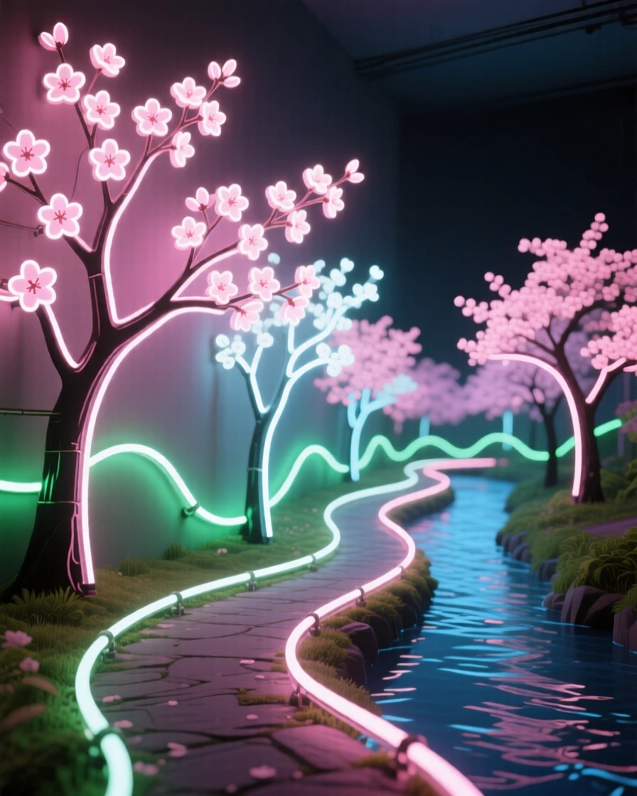 A field of blooming cherry trees along a quiet riverside path.