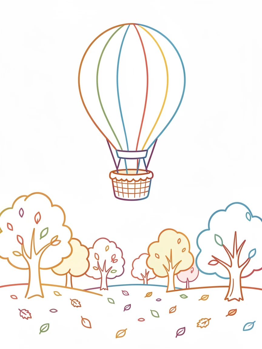 A single hot air balloon floating gently above a quiet autumn orchard.
