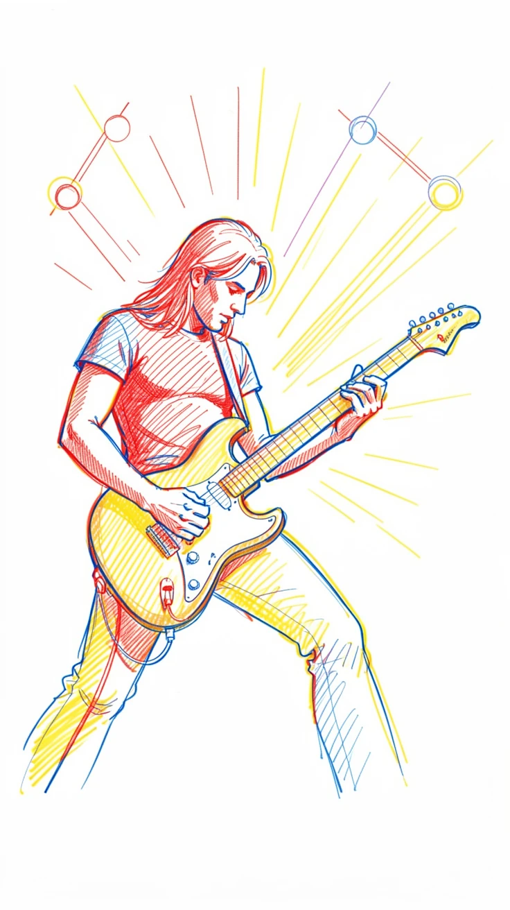 A rock guitarist mid-solo, silhouetted against blazing stage lights
