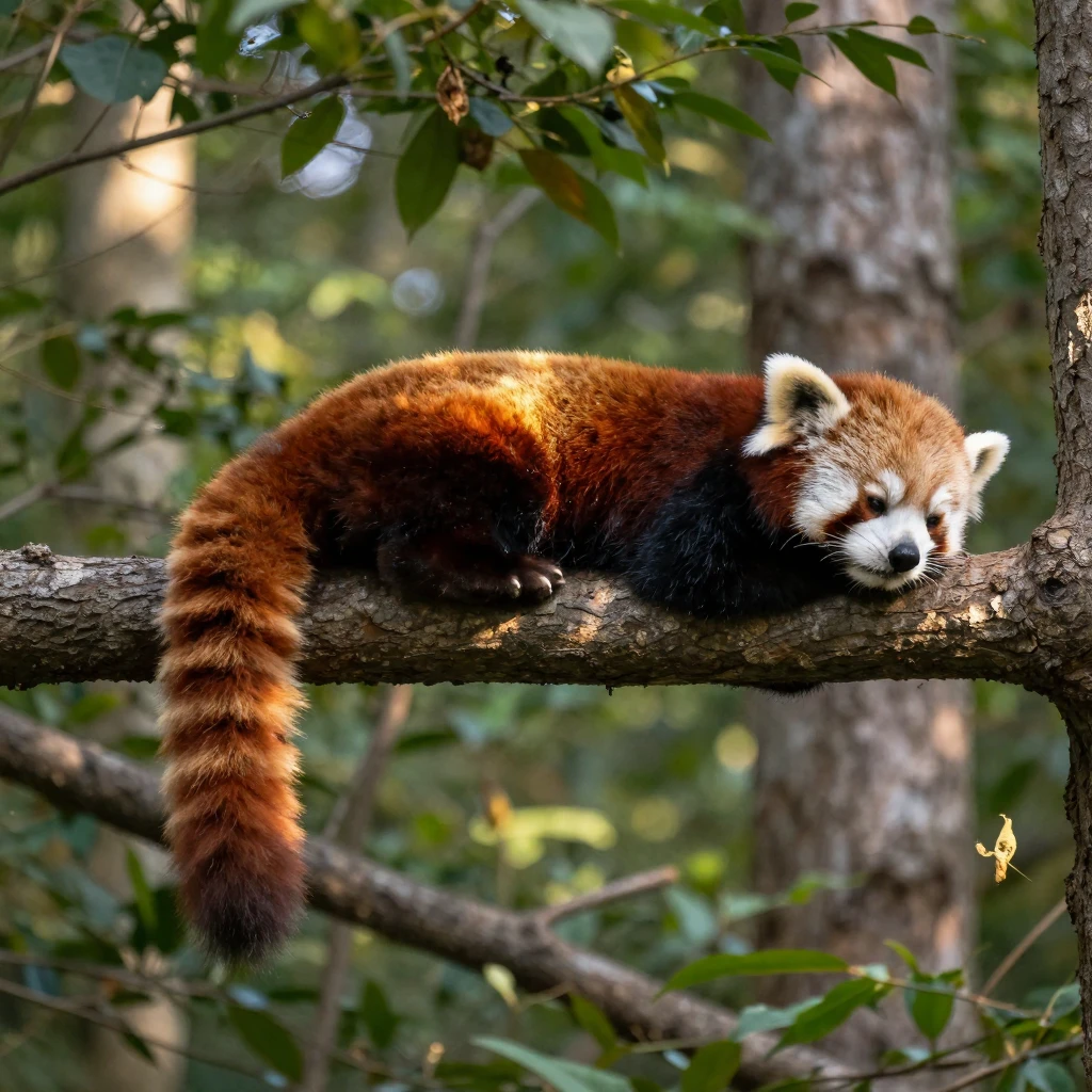 A red panda naps stretched flat along a tree branch, tail dangling below.