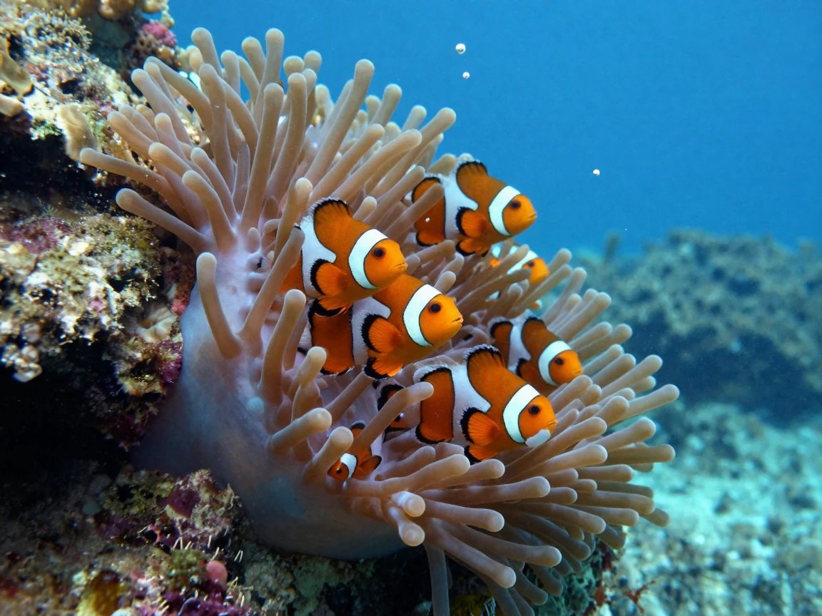 A colony of clownfish nestled in anemones drifting quietly along a rocky underwater cliff