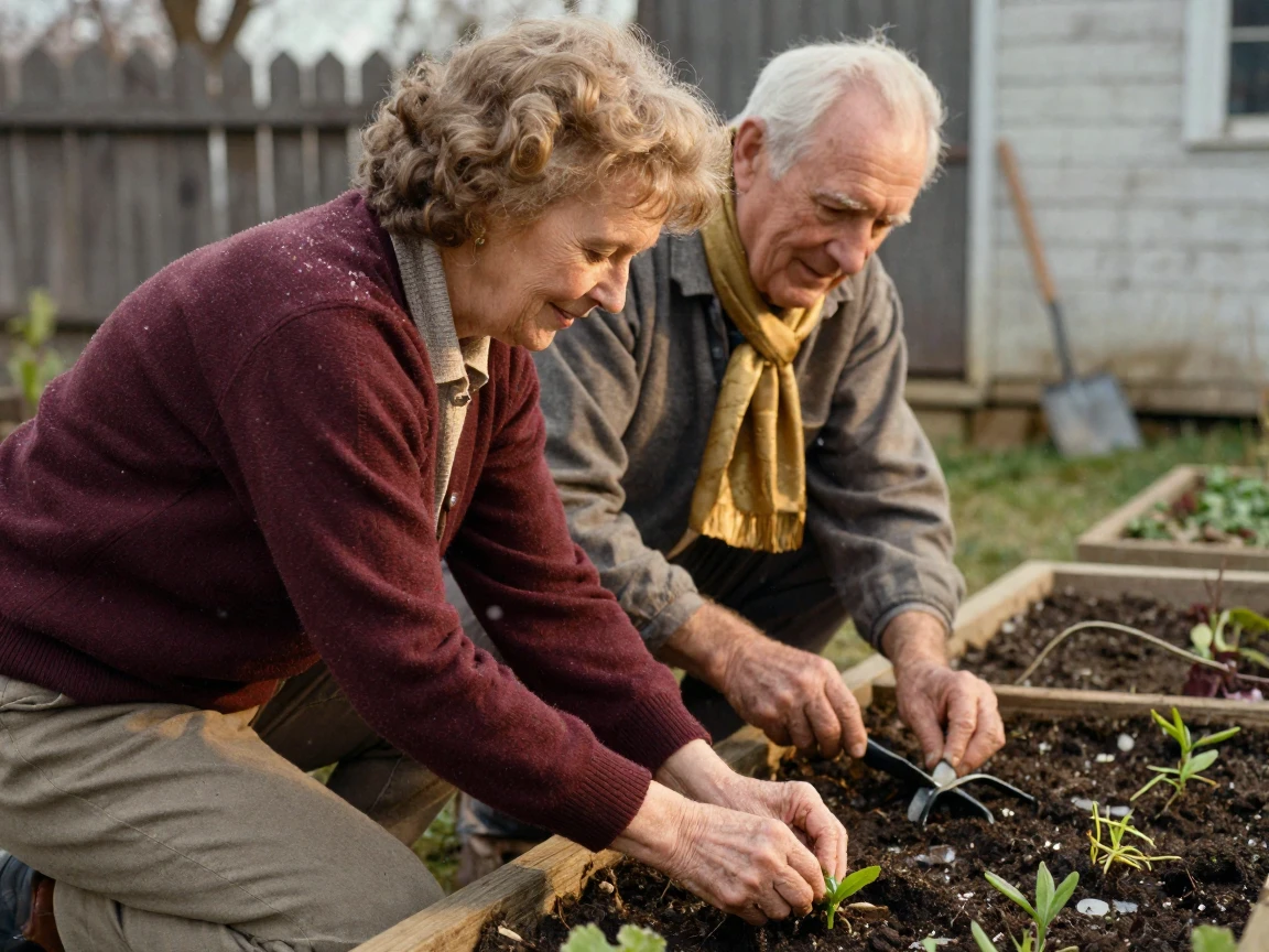 An older couple tending a shared vegetable garden side by side, in low lamplight, amid gently falling snow, in early spring, with rich burgundy and gold accents, over the shoulder of the main subject.