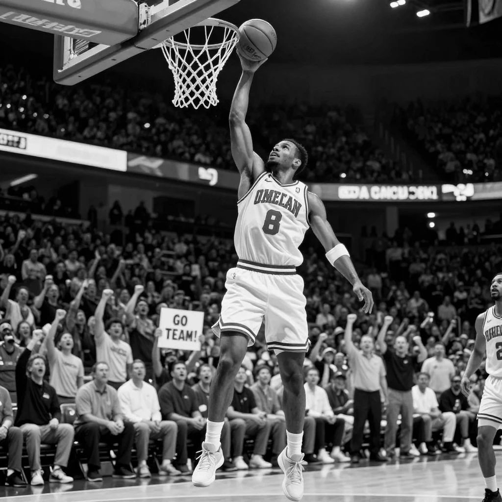 A basketball player leaps to sink a game-winning shot before a roaring home crowd.
