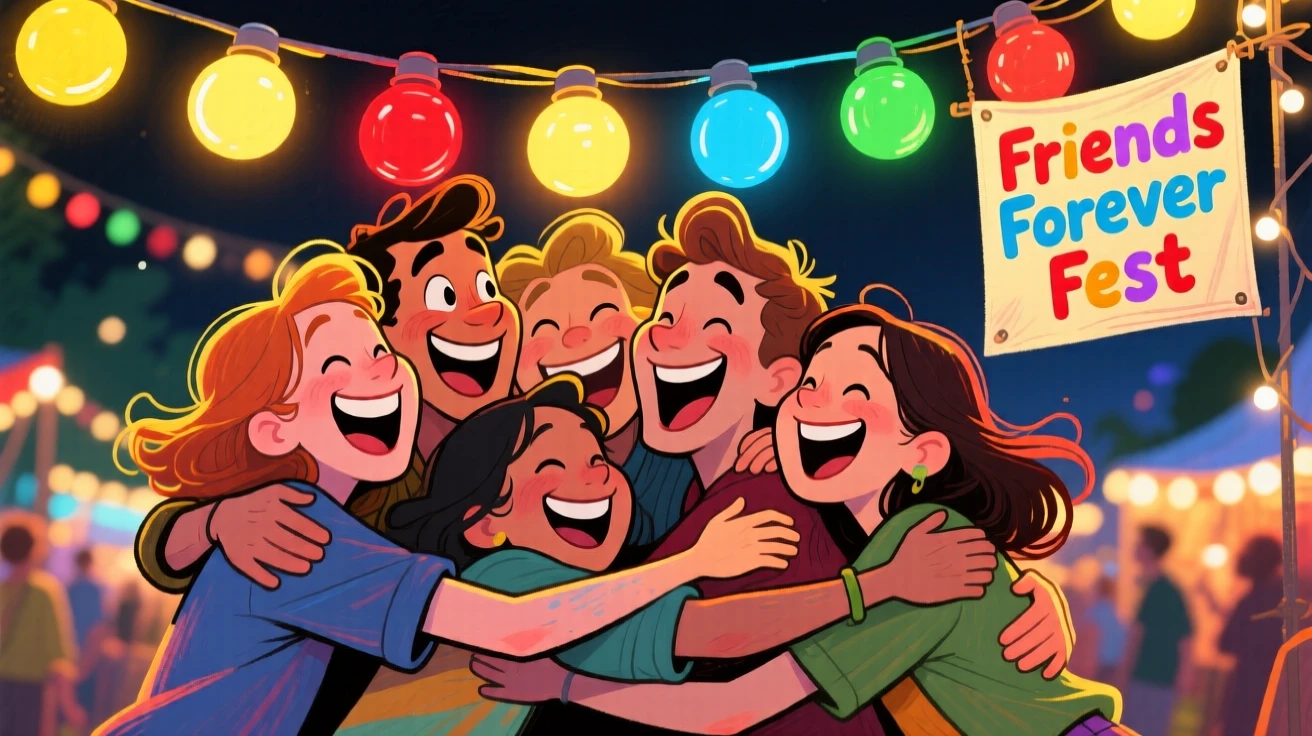 A group of friends ending the night with a big group hug under a string of festival lights.