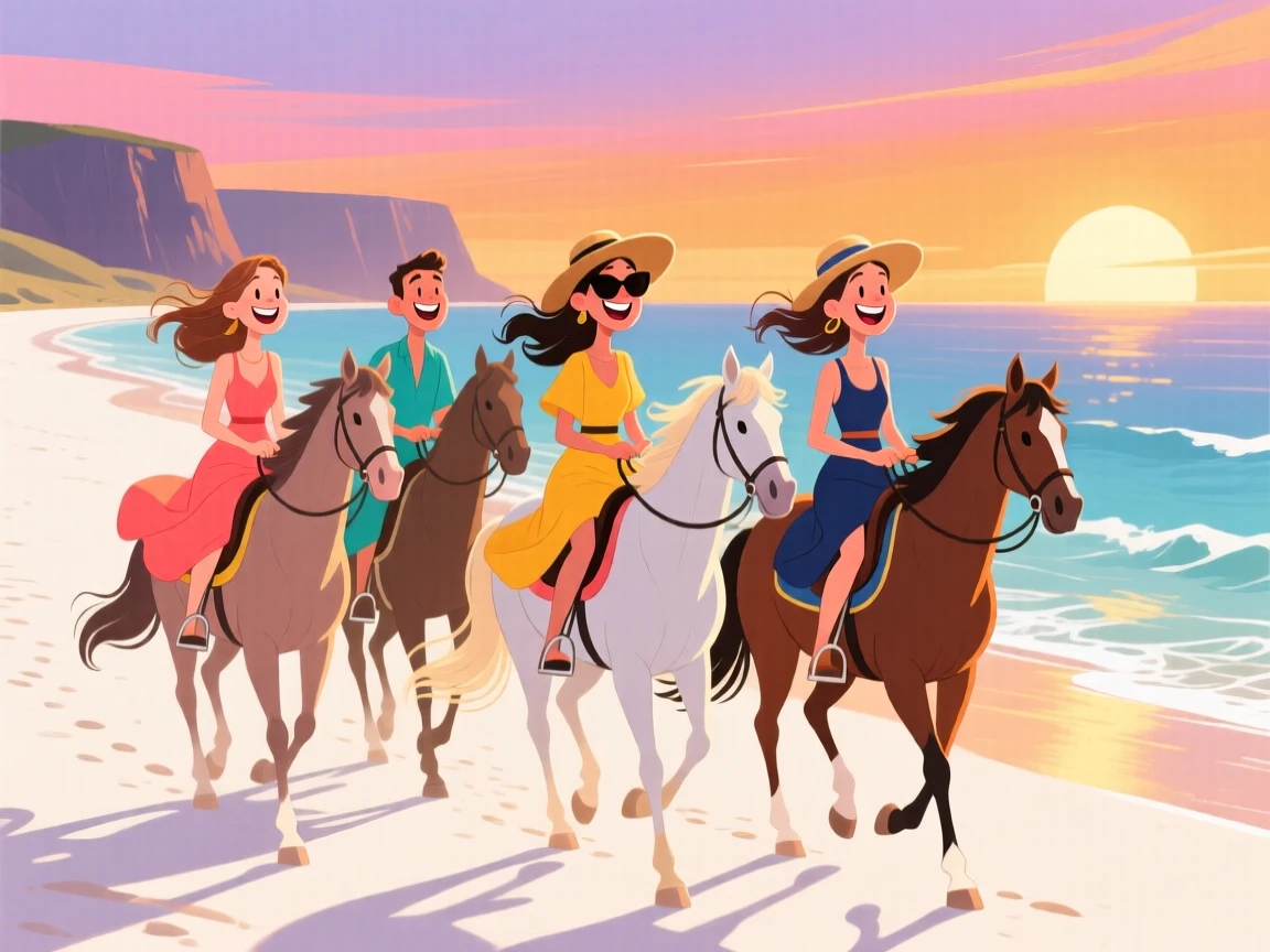 An aspirational lifestyle scene of a group of chic friends riding horseback along a pristine beach at golden hour, with soft golden light framing the scene.