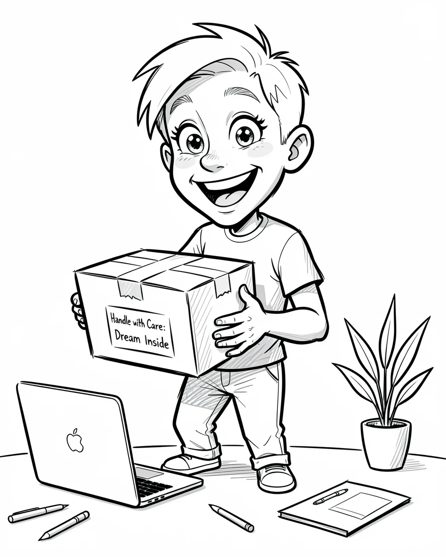 [Trending & Universal Topics] Modern lifestyle scene of a cheerful minimalist designer unboxing a much-anticipated package, capturing everyday joy