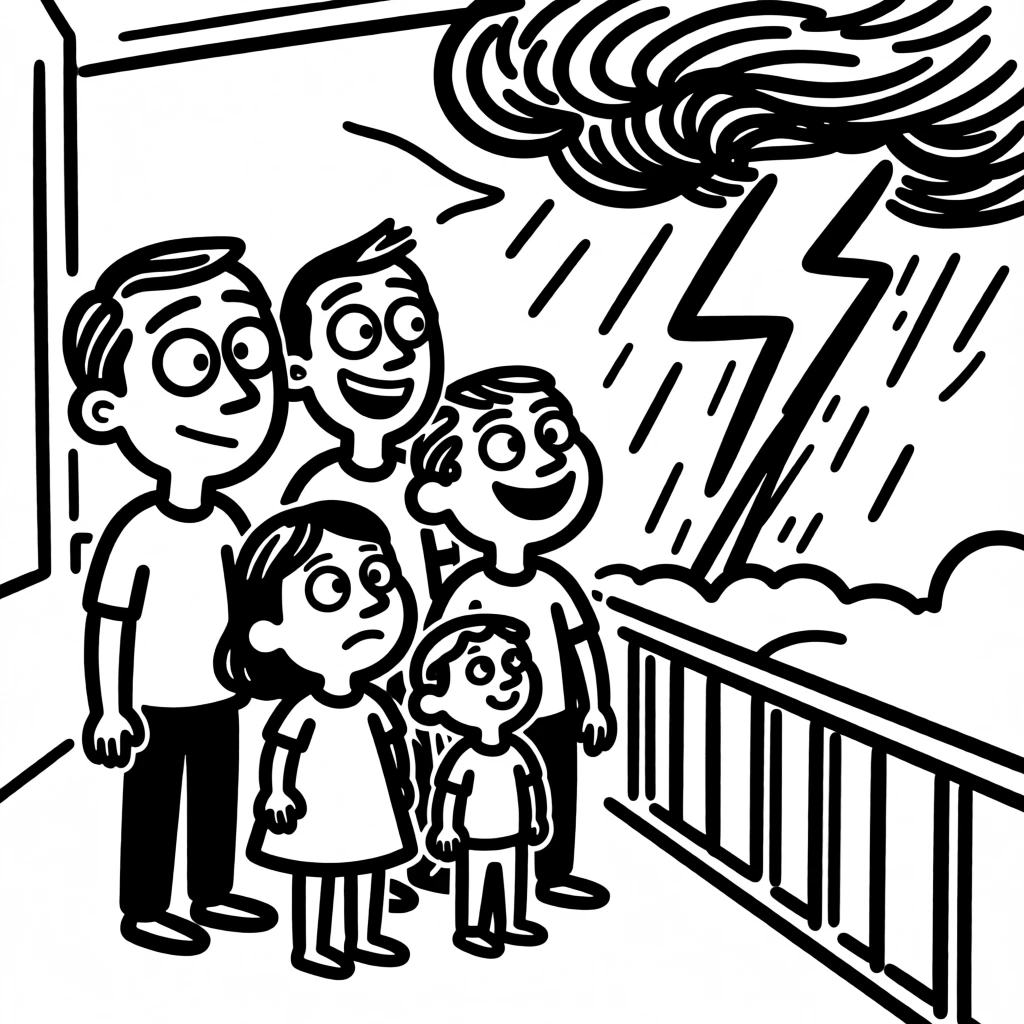 A family gathered on the porch watching a summer thunderstorm roll in together.