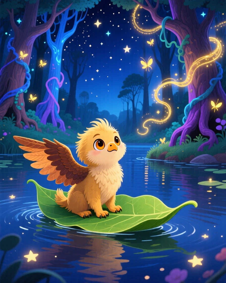 A griffin cub pauses from riding a floating leaf boat across a starlit lake to marvel at an enchanted forest, with fireflies weaving glowing trails.