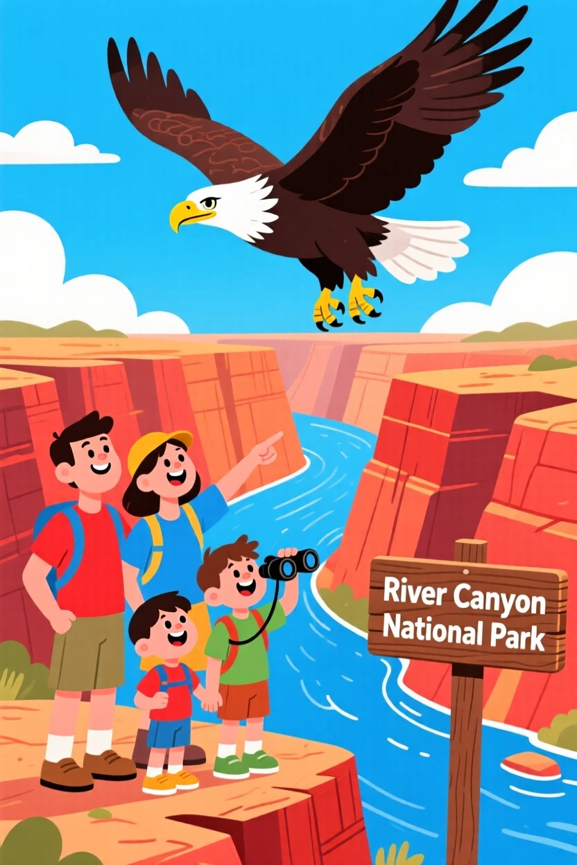 A family watching a bald eagle soar above a river canyon.