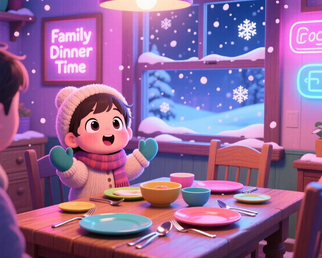 In a warm family dining room, a child is setting the table for dinner during a cozy winter snowfall, bathed in neon-lit glow, expression full of curious excitement. Shot as a full-body shot.