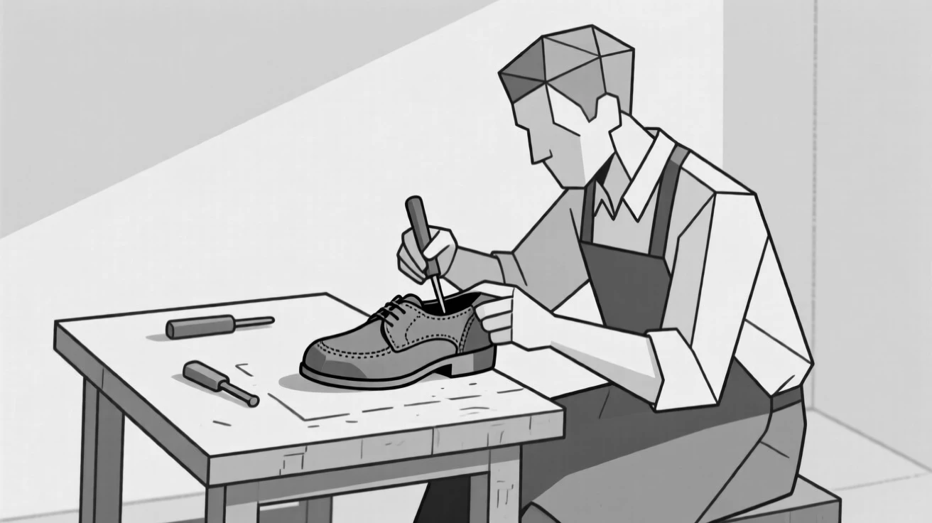A cobbler repairing a leather shoe at a workbench