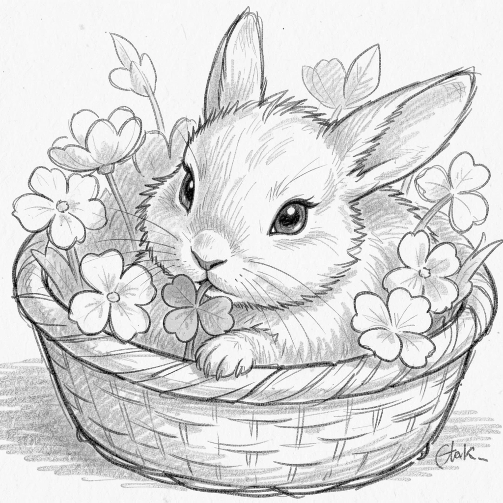 A charming close-up of a fluffy baby bunny nibbling clover in a basket of soft flowers, with big, curious eyes.
