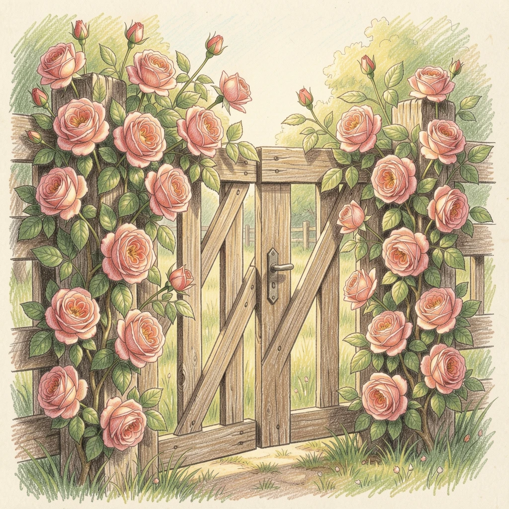 A rural garden fence covered in blooming climbing roses, framed thoughtfully to draw the eye toward the central subject, evoking warmth, beauty, and a lasting sense of wonder.