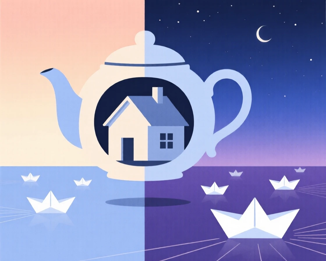 A tiny house built inside a teapot floating above a horizon where day meets night, surrounded by paper boats sailing on air, radiating gentle magic.